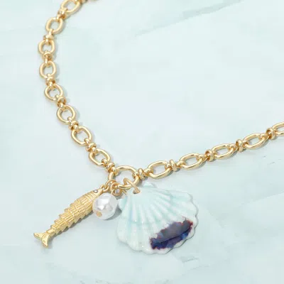 Fashnzfab Shell Pearl Fish Charm Pendant Necklace In Blue