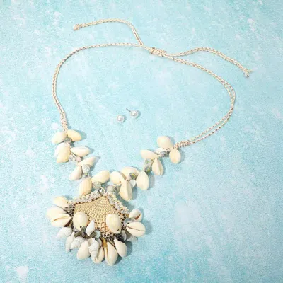 Fashnzfab Shell Pendant Beaded Adjustable Cinch Pull Tie Statement Long Necklace In Blue
