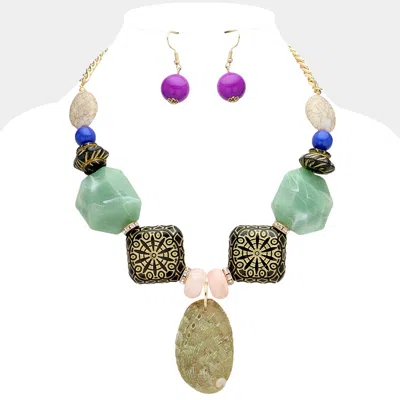 Fashnzfab Shell Pendant Pointed Wood Natural Stone Beaded Bib Necklace In Gold