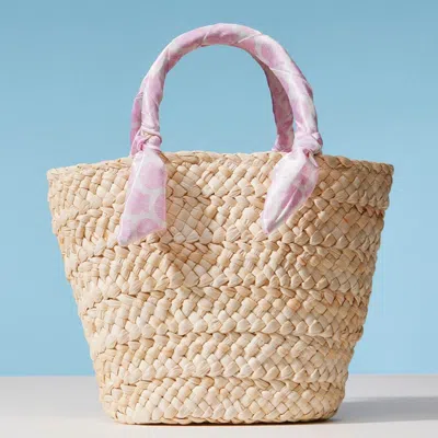 Fashnzfab Shell Print Fabric Scarf Wrapped Handle Raffia Tote Bag In Pink