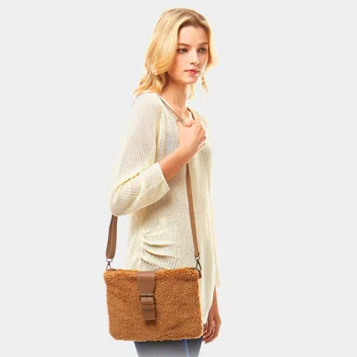 Fashnzfab Sherpa Fleece Belt Crossbody Bag In Brown