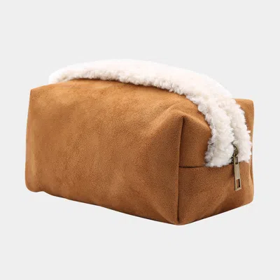 Fashnzfab Sherpa Trim Faux Suede Pouch Bag In Brown