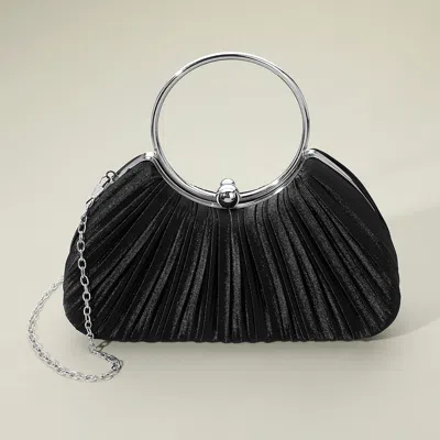 Fashnzfab Shimmer Fabric Pleated Ring Handle Evening Clutch Bag In Black