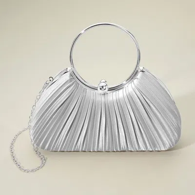 Fashnzfab Shimmer Fabric Pleated Ring Handle Evening Clutch Bag In Silver