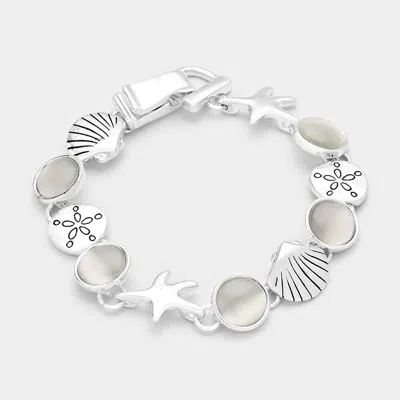 Fashnzfab Shimmery Starfish & Shell Link Magnetic Bracelet Antique Silver, White In Metallic