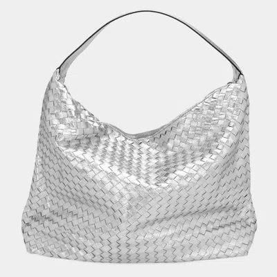 Fashnzfab Shiny Faux Leather Braided Shoulder Shopper Bag In Silver