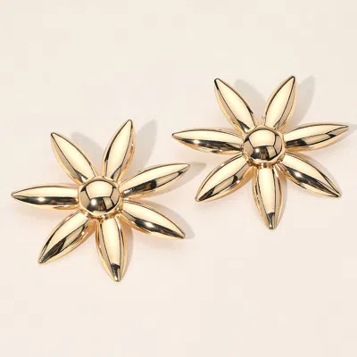 Fashnzfab Shiny Metal Bold Floral Earrings Gold