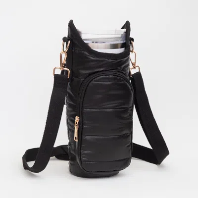 Fashnzfab Shiny Quilted Puffer Tumbler Carrier Holder Crossbody Bag In Black