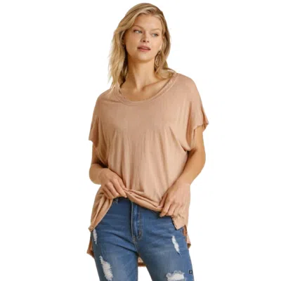 Fashnzfab Short Sheer Dolman Sleeve Scoop Neck Top With Side Slit In Beige
