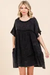 Fashnzfab Short Sleeve Babydoll Texture Dress With Pockets In Black