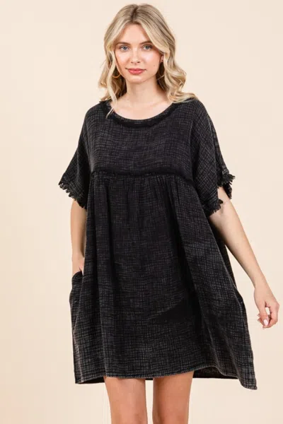 Fashnzfab Short Sleeve Babydoll Texture Dress With Pockets In Black