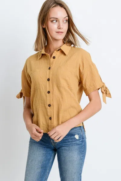 Fashnzfab Short Sleeve Button Up Top With Tie Sleeve In Yellow