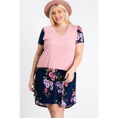 Fashnzfab Short Sleeve Floral Blocked Midi Dress With Front Pocket In Blue