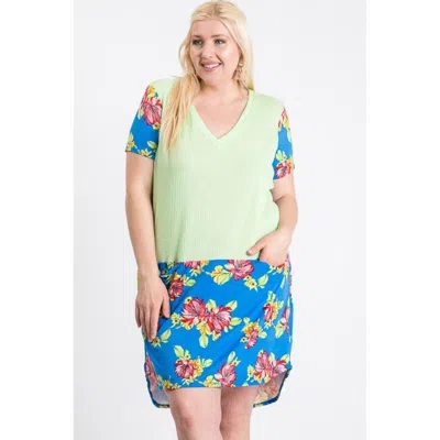 Fashnzfab Short Sleeve Floral Blocked Midi Dress With Front Pocket In Multi