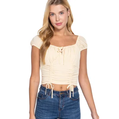 Fashnzfab Short Sleeve Front Tie Ruched Detail Woven Top In Yellow