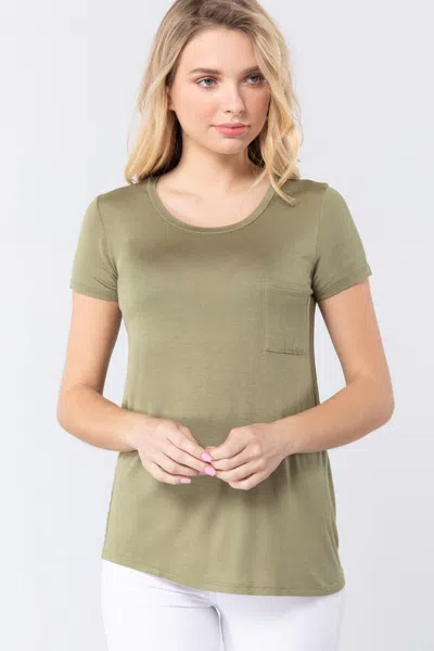 Fashnzfab Short Sleeve Scoop Neck Top With Pocket In Green