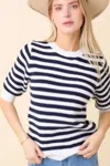 Fashnzfab Short Sleeve Sweater Knit Stripe Top