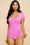 Fashnzfab Short Sleeve V-neck Basic Bodysuit In Pink