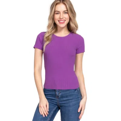 Fashnzfab Short Slv Crew Neck Variegated Rib Knit Top In Purple