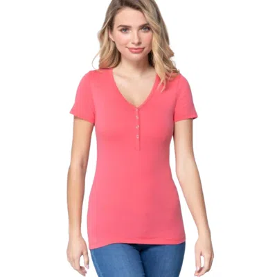 Fashnzfab Short Slv V-neck Henley Knit Top In Pink