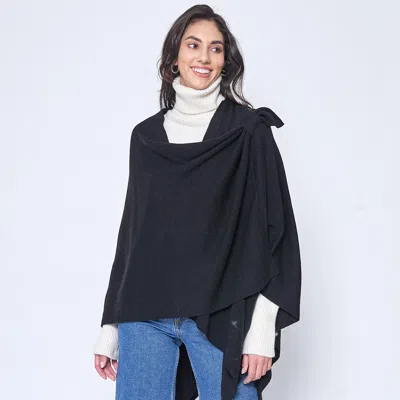 Fashnzfab Shoulder Strap Solid Ruana Poncho In Black