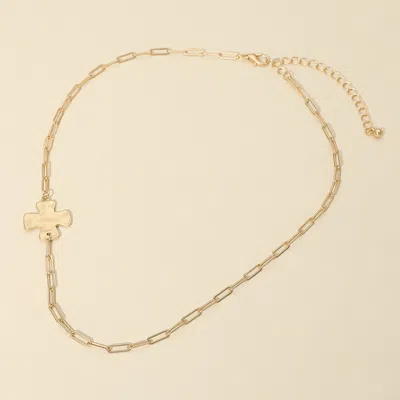Fashnzfab Side Hammered Metal Cross Accent Paperclip Chain Necklace In Gold