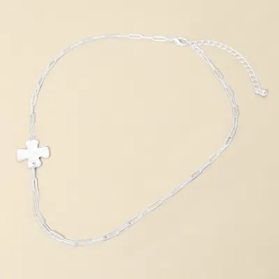 Fashnzfab Side Hammered Metal Cross Accent Paperclip Chain Necklace In Silver