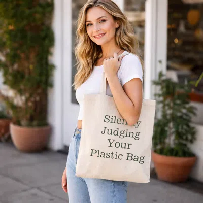Fashnzfab Silently Judging Your Plastic Bag Message Print Shoulder Tote Bag In Sand