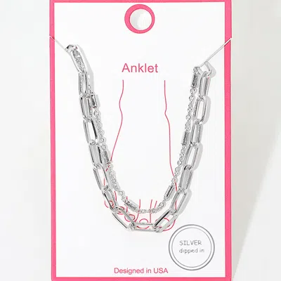 Fashnzfab Silver Dipped Bar Paperclip Layered Chain Anklet In Metallic