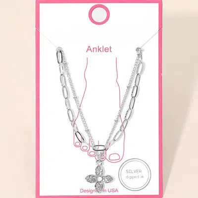 Fashnzfab Silver Dipped Floral Charm Accent Layered Chain Anklet