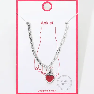 Fashnzfab Silver Dipped Heart Charm Accent Anklet In Metallic