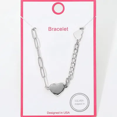 Fashnzfab Silver Dipped Heart Charm Link Paperclip Chain Bracelet