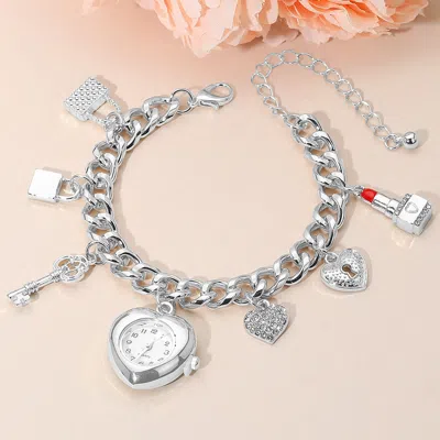 Fashnzfab Silver Dipped Key Lipstick Heart Charm Watch Bracelet - Red, Rhodium In Metallic