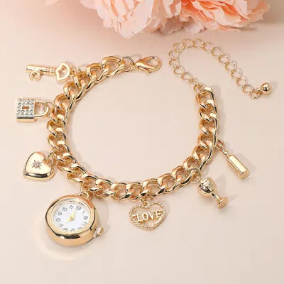 Fashnzfab Silver Dipped Key Lock Heart Love Bottle Glass Charm Watch Bracelet In Gold