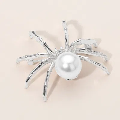 Fashnzfab Silver Dipped Pearl Accent Spider Pin Brooch In Metallic