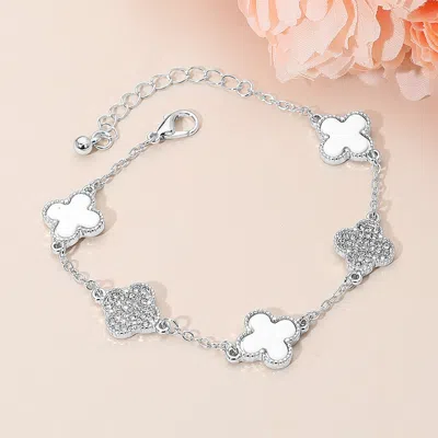 Fashnzfab Silver Dipped Quatrefoil Charm Link Station Bracelet