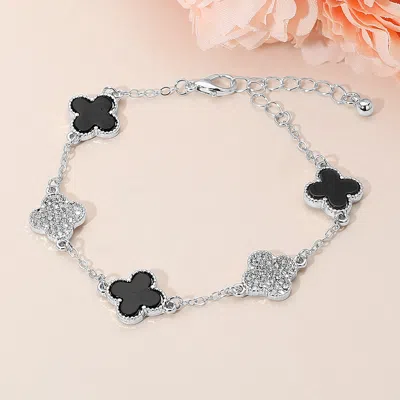 Fashnzfab Silver Dipped Quatrefoil Charm Link Station Bracelet In Black
