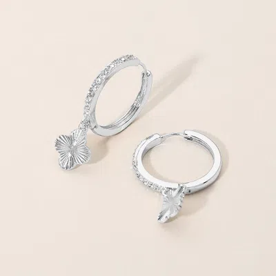 Fashnzfab Silver Dipped Quatrefoil Drop Rhinestone Pave Huggie Hoop Earrings Rhodium