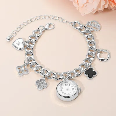 Fashnzfab Silver Dipped Quatrefoil Heart Love Charm Watch Bracelet - Black, Rhodium
