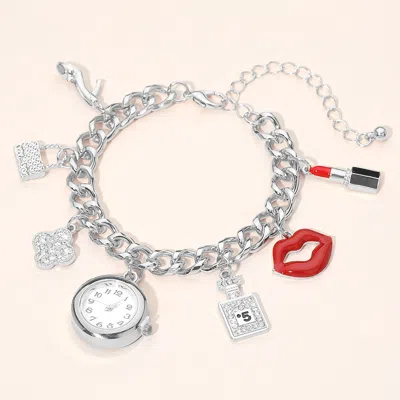 Fashnzfab Silver Dipped Quatrefoil High Heel Lips Lipstick Charm Watch Bracelet In Metallic