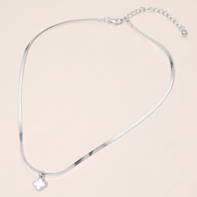 Fashnzfab Silver Dipped Quatrefoil Pendant Herringbone Chain Necklace