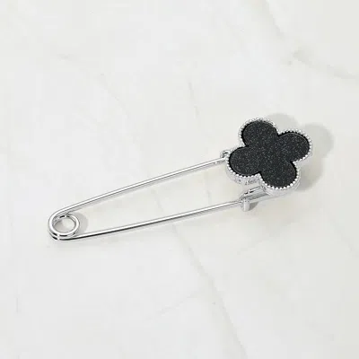 Fashnzfab Silver Dipped Quatrefoil Safety Pin Brooch In Black