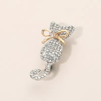 Fashnzfab Silver Dipped Rhinestone Cat With Bow Pin Brooch