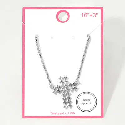 Fashnzfab Silver Dipped Rhinestone Cross Pendant Necklace