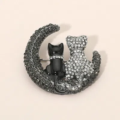 Fashnzfab Silver Dipped Rhinestone Embellished Cat And Moon Pin Brooch In Black