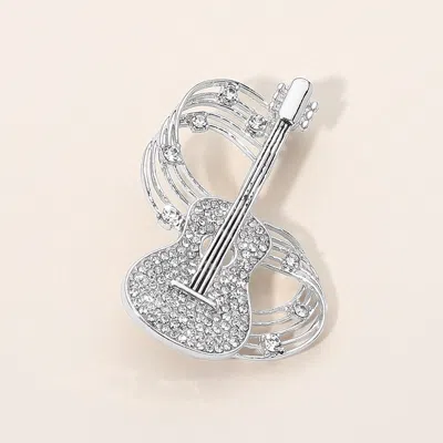 Fashnzfab Silver Dipped Rhinestone Embellished Guitar Musical Note Pin Brooch
