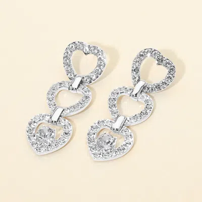 Fashnzfab Silver Dipped Rhinestone Open Heart Link Drop Earrings