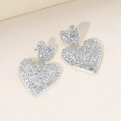 Fashnzfab Silver Dipped Rhinestone Pave Double Heart Link Drop Earrings Clear, Rhodium
