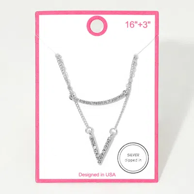 Fashnzfab Silver Dipped Rhinestone Pave V Bar Pendant Layered Necklace