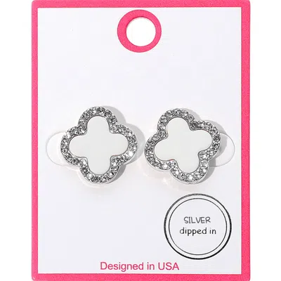 Fashnzfab Silver Dipped Rhinestone Rim Quatrefoil Stud Earrings In Multi